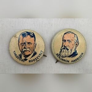 Set 2 Vintage Political Pins Pinback Buttons Roosevelt & Harrison Cracker Jack